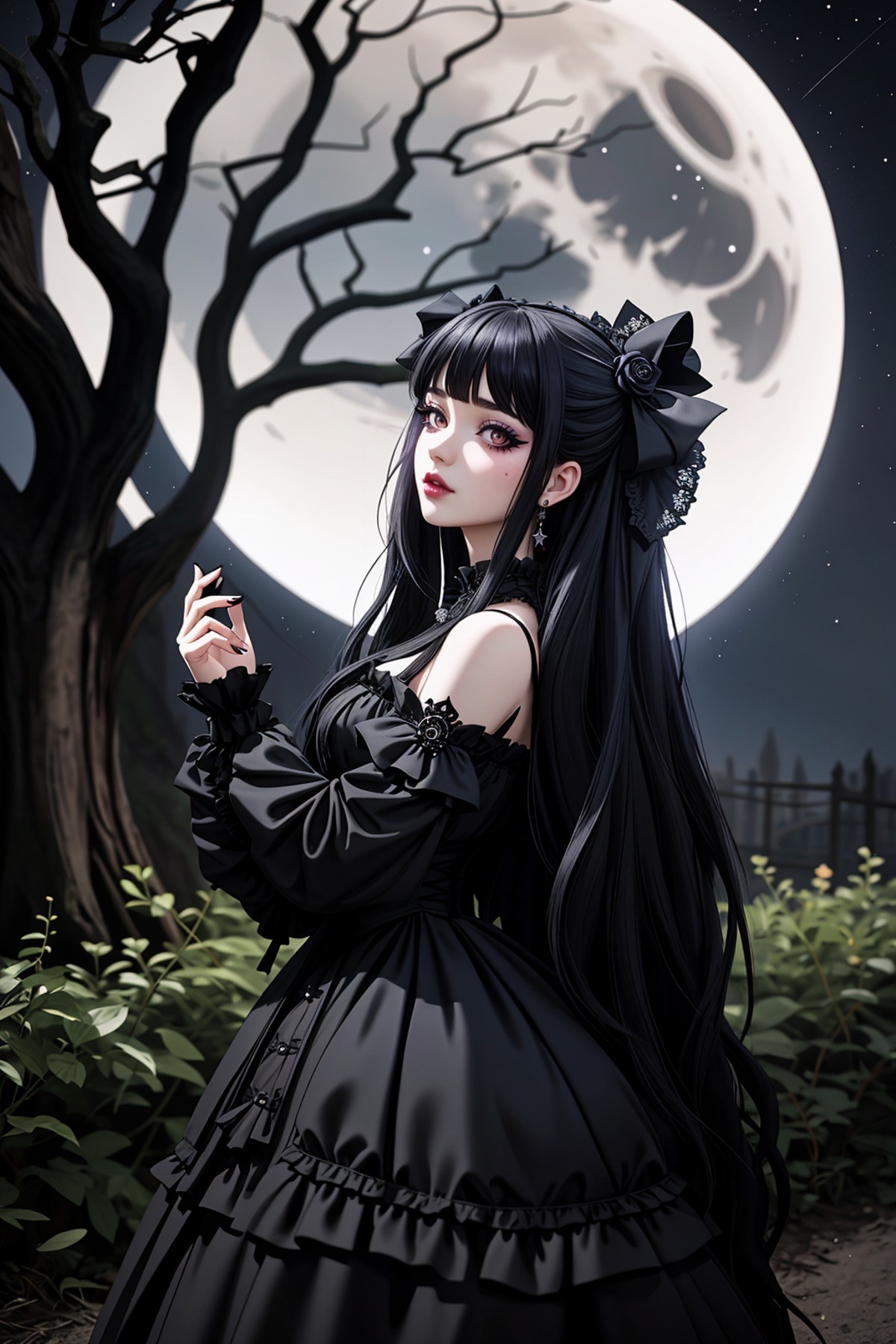 ((Masterpiece, best quality)), edgQuality,
GothGal, a woman with long hair and a dress posing for a picture next to a tree...